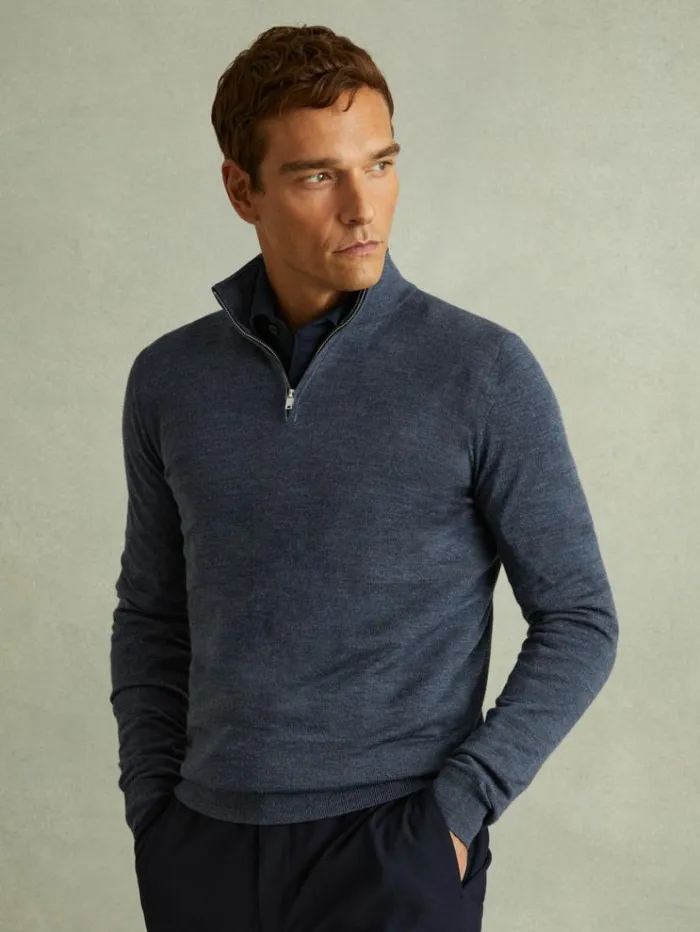 REISS Sweaters Men Merino Wool HalfZip Funnel Neck Jumper Dark Airforce Blue Melange