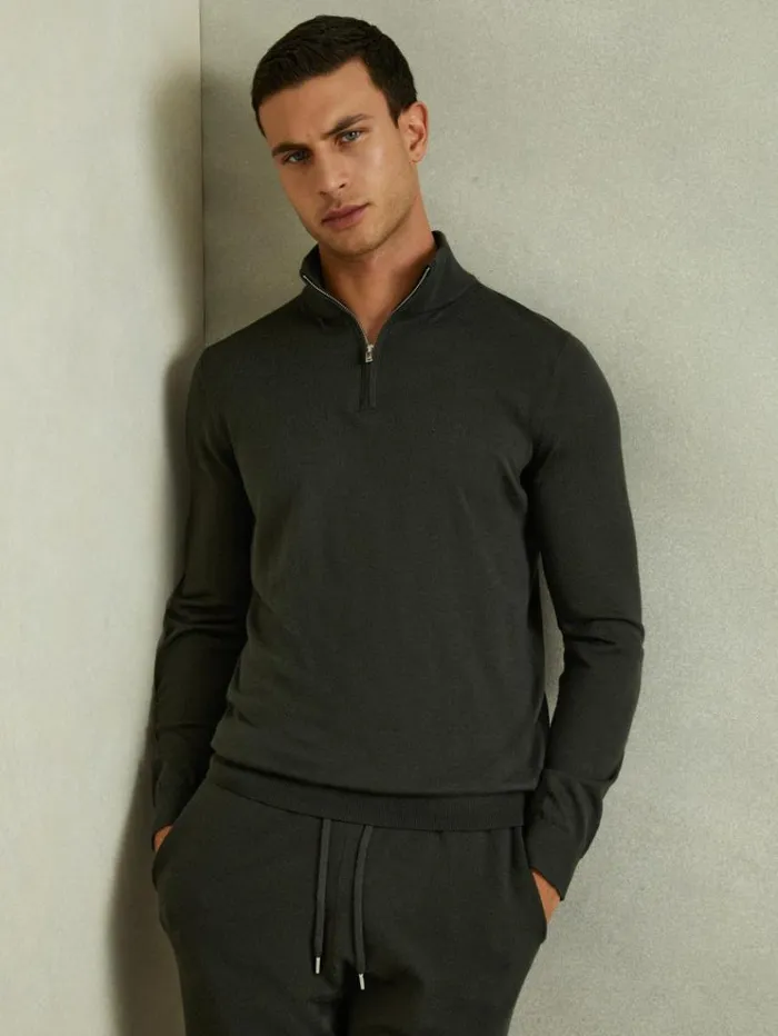 REISS Sweaters Men Merino Wool HalfZip Funnel Neck Jumper Dark Military Green