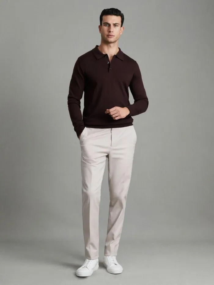 REISS Sweaters Men Merino Wool Polo Shirt Dark Bordeaux