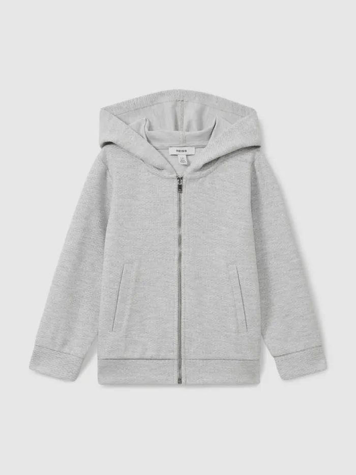 REISS Sweats and Hoodies Children Cotton Blend Textured ZipFront Hoodie Grey Melange