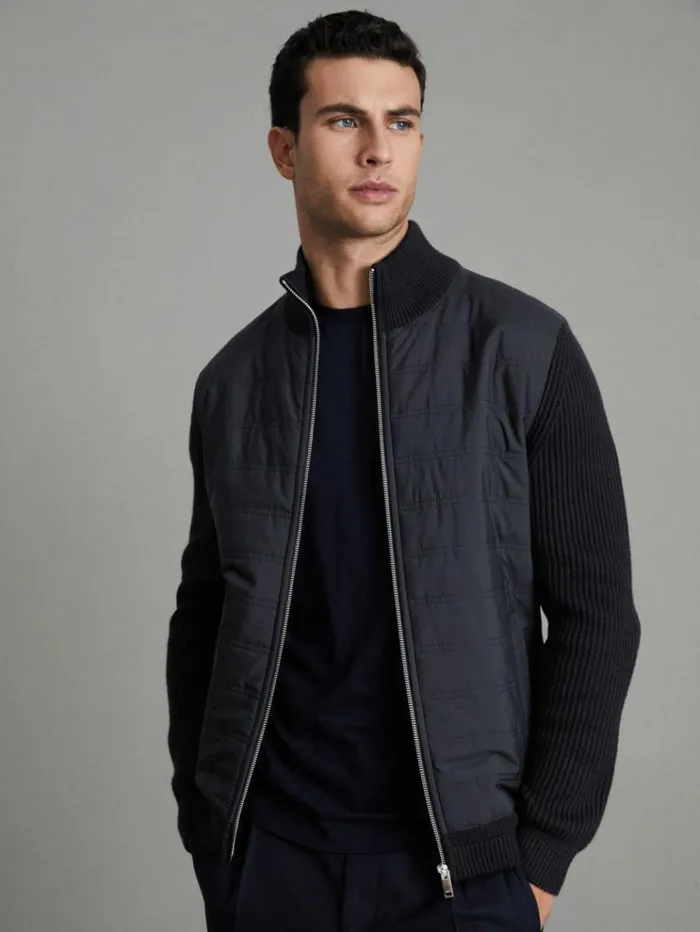 REISS Sweats Hoodies and Joggers Men Hybrid Quilt And Knit ZipThrough Jacket Navy REISS Sweats Hoodies and Joggers Men Hybrid Quilt And Knit ZipThrough Jacket Navy