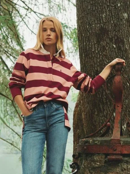 Rugby Shirts Women Joules Pink and Red Striped Heavyweight Cotton Rugby Shirt