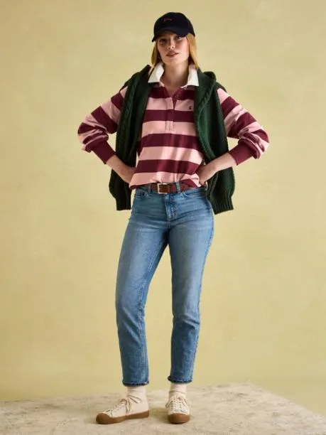 Rugby Shirts Women Joules Pink and Red Striped Heavyweight Cotton Rugby Shirt
