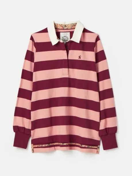 Rugby Shirts Women Joules Pink and Red Striped Heavyweight Cotton Rugby Shirt