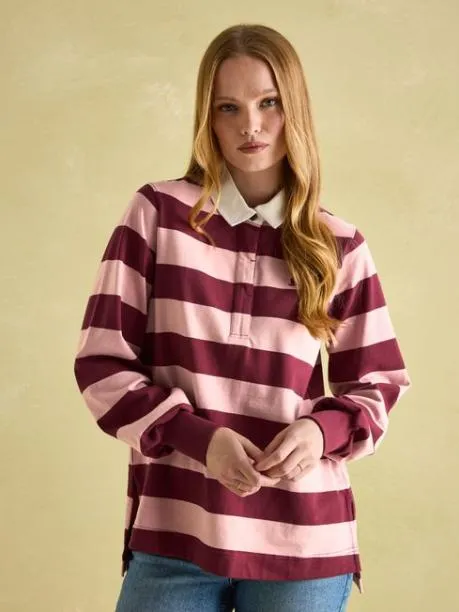 Rugby Shirts Women Joules Pink and Red Striped Heavyweight Cotton Rugby Shirt