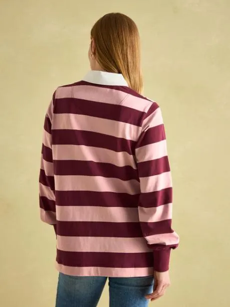 Rugby Shirts Women Joules Pink and Red Striped Heavyweight Cotton Rugby Shirt