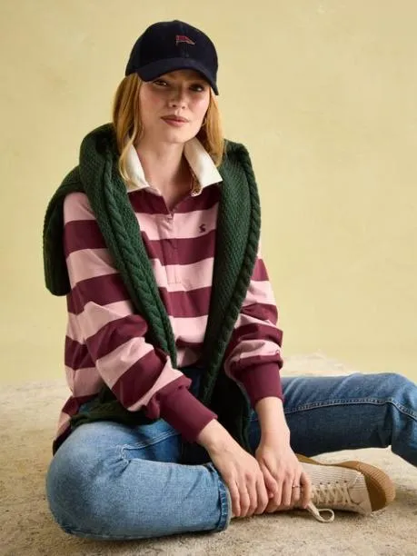 Rugby Shirts Women Joules Pink and Red Striped Heavyweight Cotton Rugby Shirt