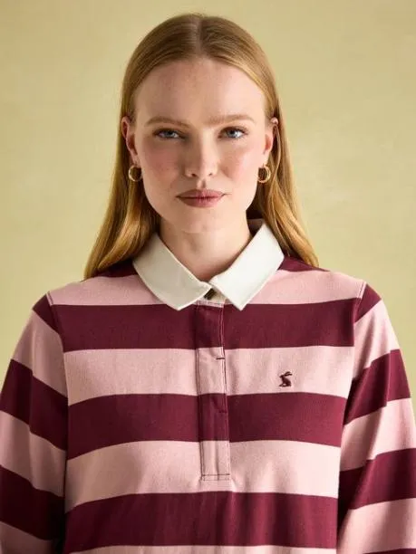 Rugby Shirts Women Joules Pink and Red Striped Heavyweight Cotton Rugby Shirt