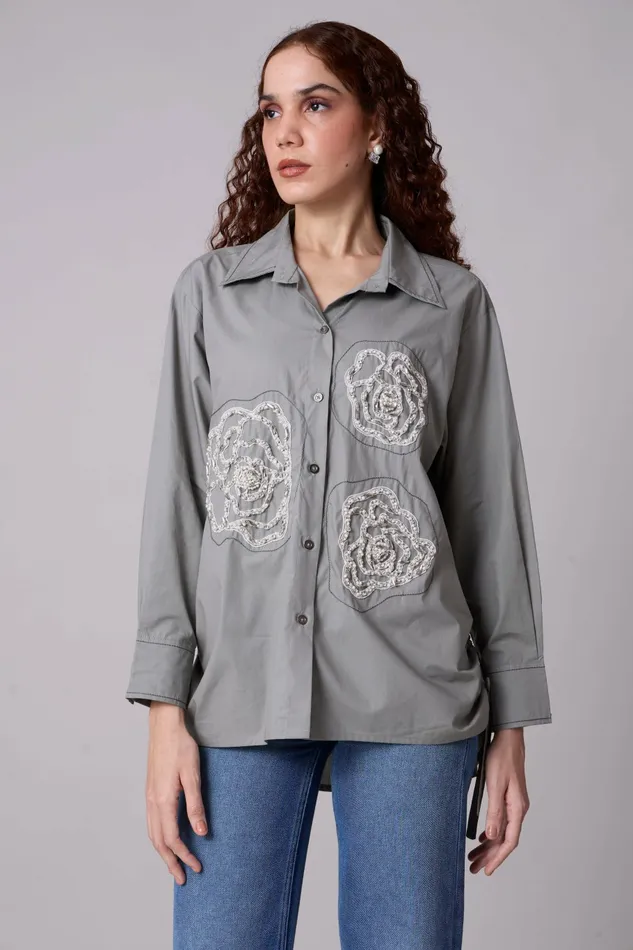 Scarlet Sage Tops Avery Applique Shirt 8211 Storm Grey 8211 Women
