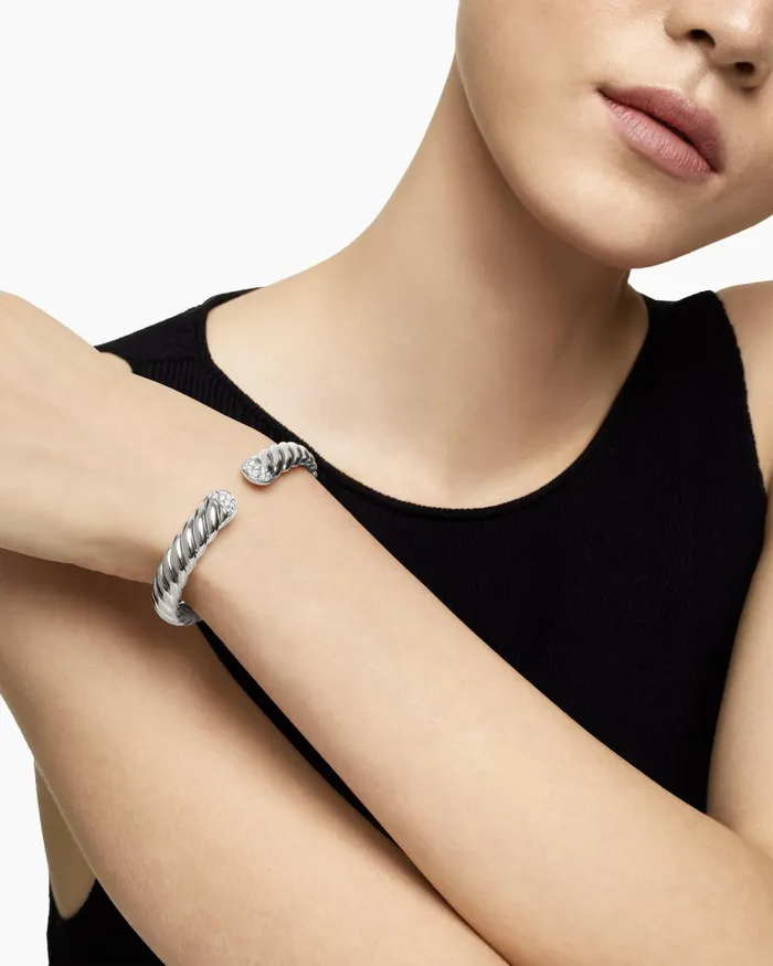 Sculpted Cable Cuff Bracelet In Sterling Silver With Diamonds 10mm Women David Yurman Cuff Sculpted Cable Cuff Bracelet In Sterling Silver With Diamonds 10mm Women David Yurman Cuff