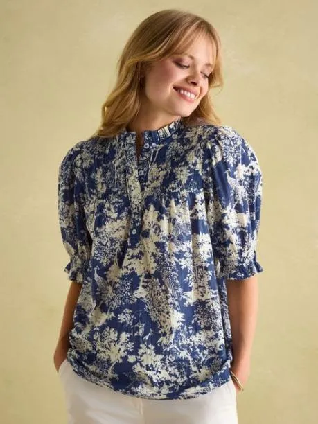 Shirts and Blouses Women Joules Blue Frill Neck Smocked Blouse