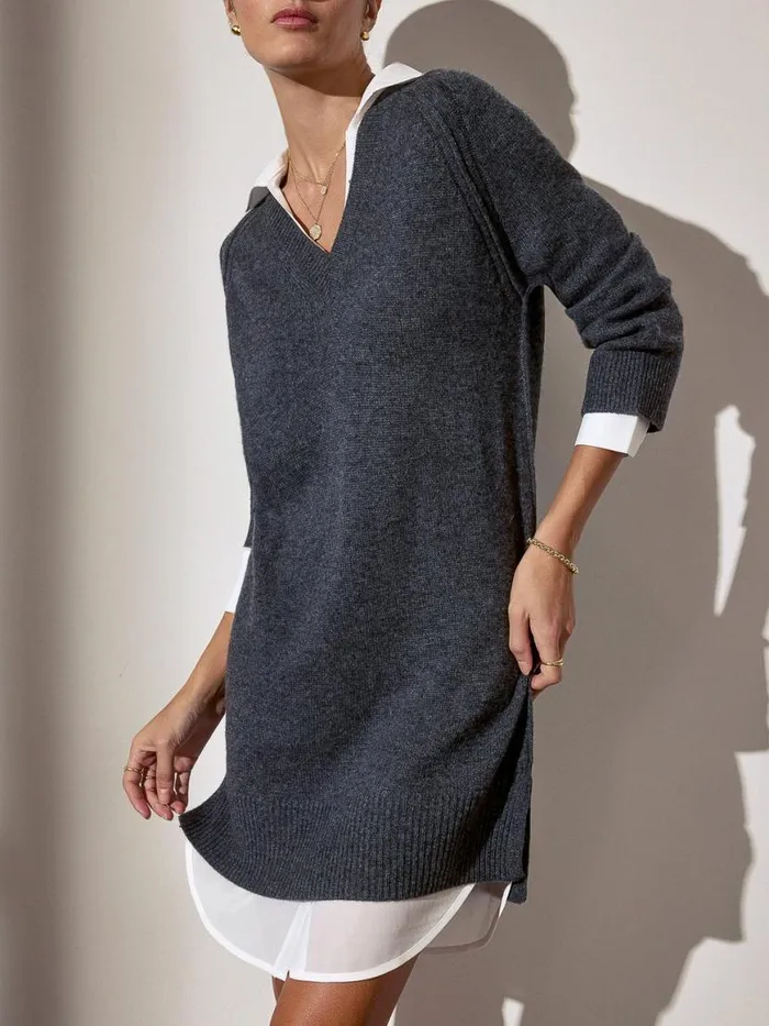 Shop Brochu Walker Dresses The Looker Layered VNeck Dress Charcoal With White Underlayer
