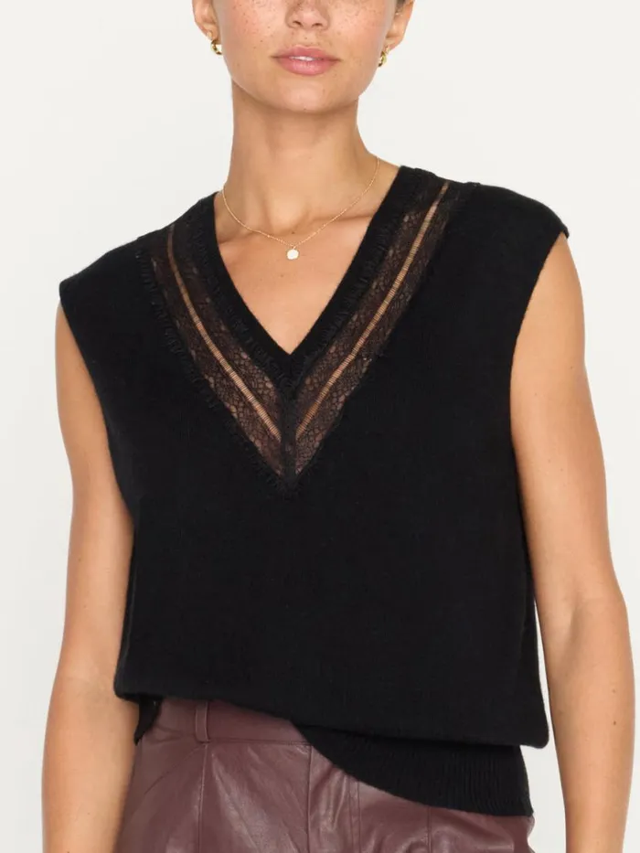 Shop Brochu Walker Sweaters The Isla Lace V Neck Vest Black Onyx With Black Lace
