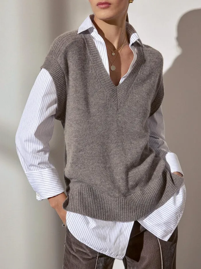 Shop Brochu Walker Sweaters The Nye Vest Layered Looker Otter Melange With Striped Poplin Shop Brochu Walker Sweaters The Nye Vest Layered Looker Otter Melange With Striped Poplin