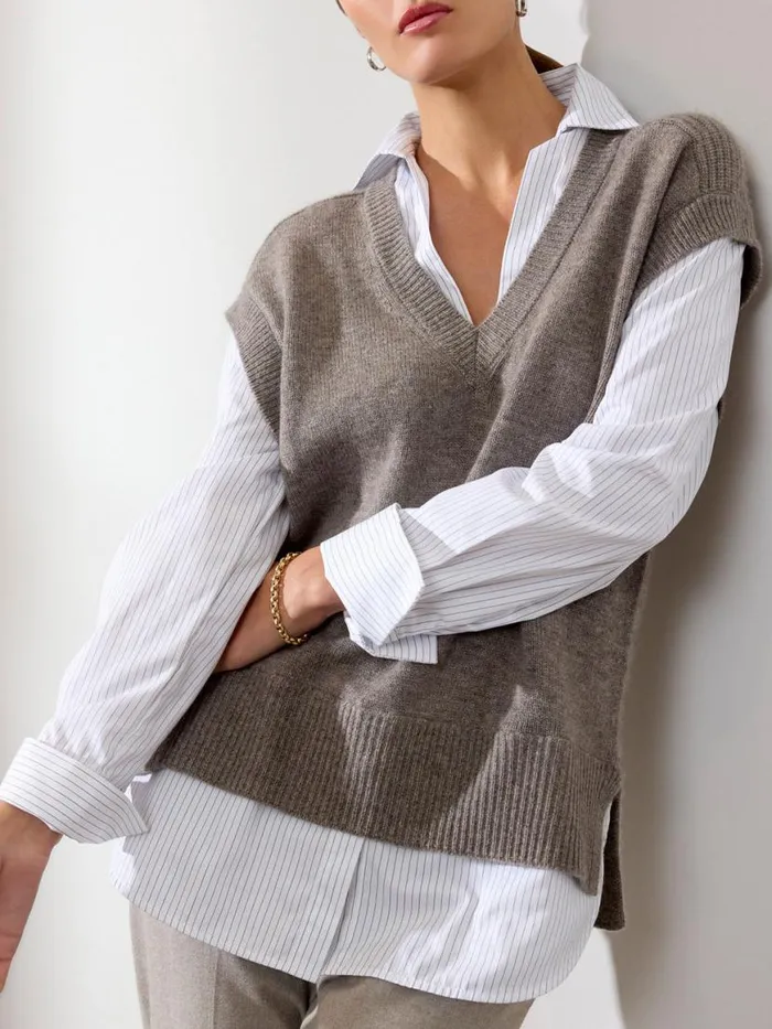 Shop Brochu Walker Sweaters The Nye Vest Layered Looker Otter Melange With Striped Poplin