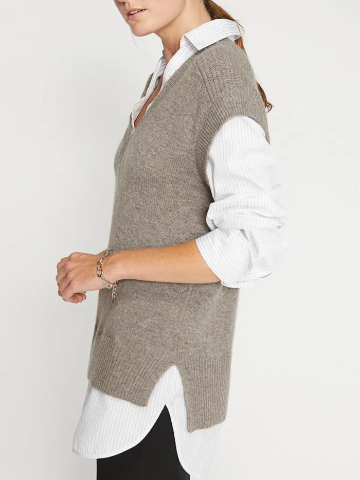Shop Brochu Walker Sweaters The Nye Vest Layered Looker Otter Melange With Striped Poplin