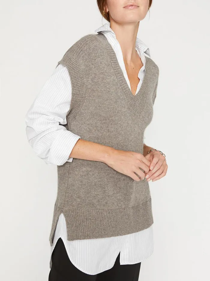 Shop Brochu Walker Sweaters The Nye Vest Layered Looker Otter Melange With Striped Poplin