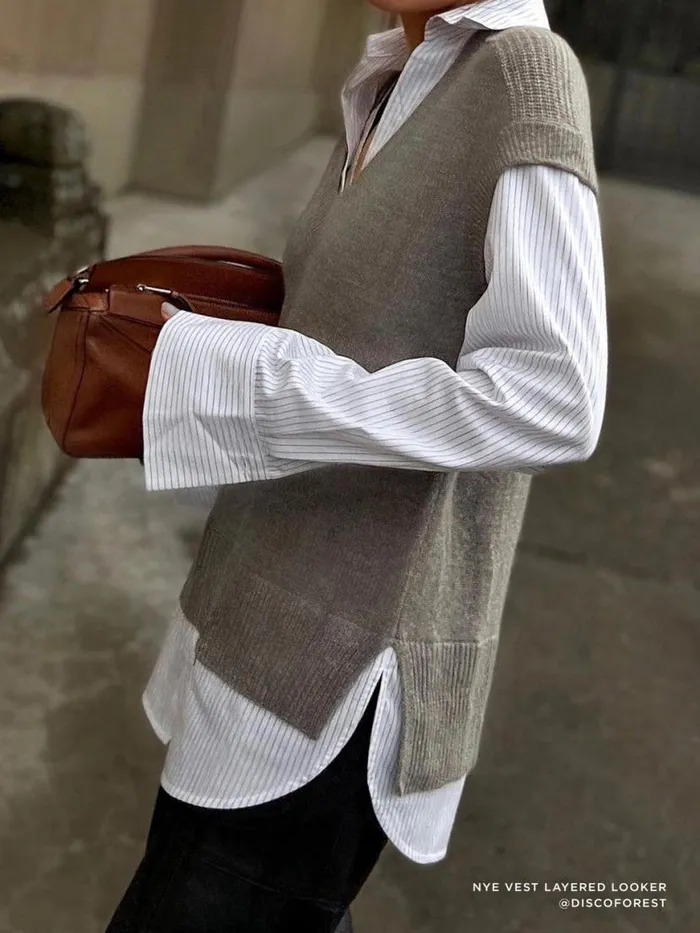 Shop Brochu Walker Sweaters The Nye Vest Layered Looker Otter Melange With Striped Poplin