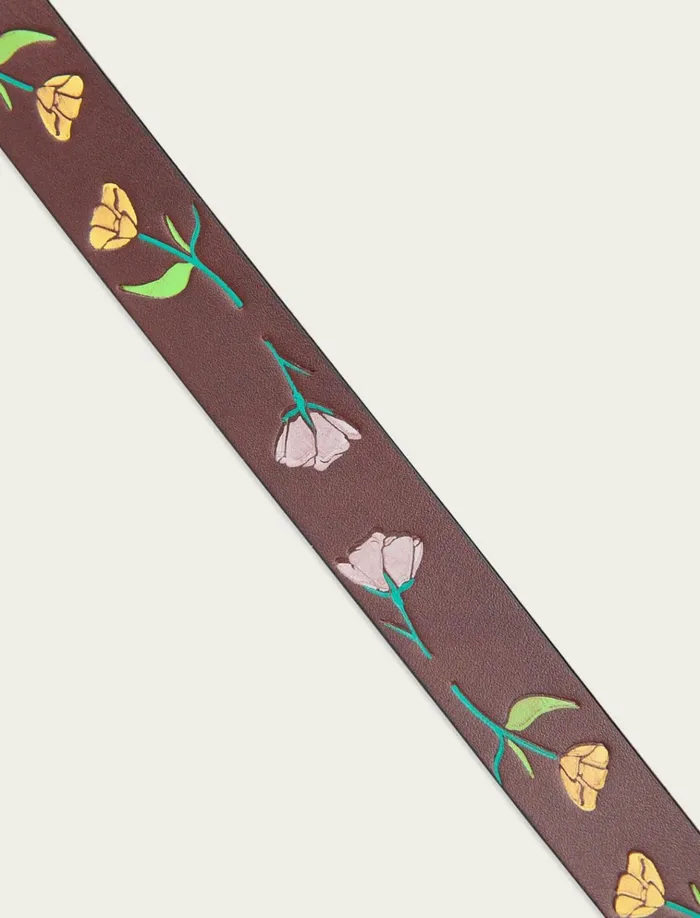 Skinny Leather Jean Belt With Floral Embossed And Handpaint Dark Brown Women Lucky Brand Belts
