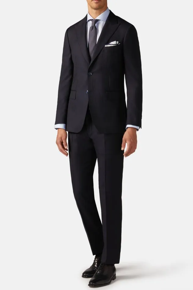 Suits Men Boggi Milano Navy Herringbone Weave Wool Peak Lapel Suit Navy Blue