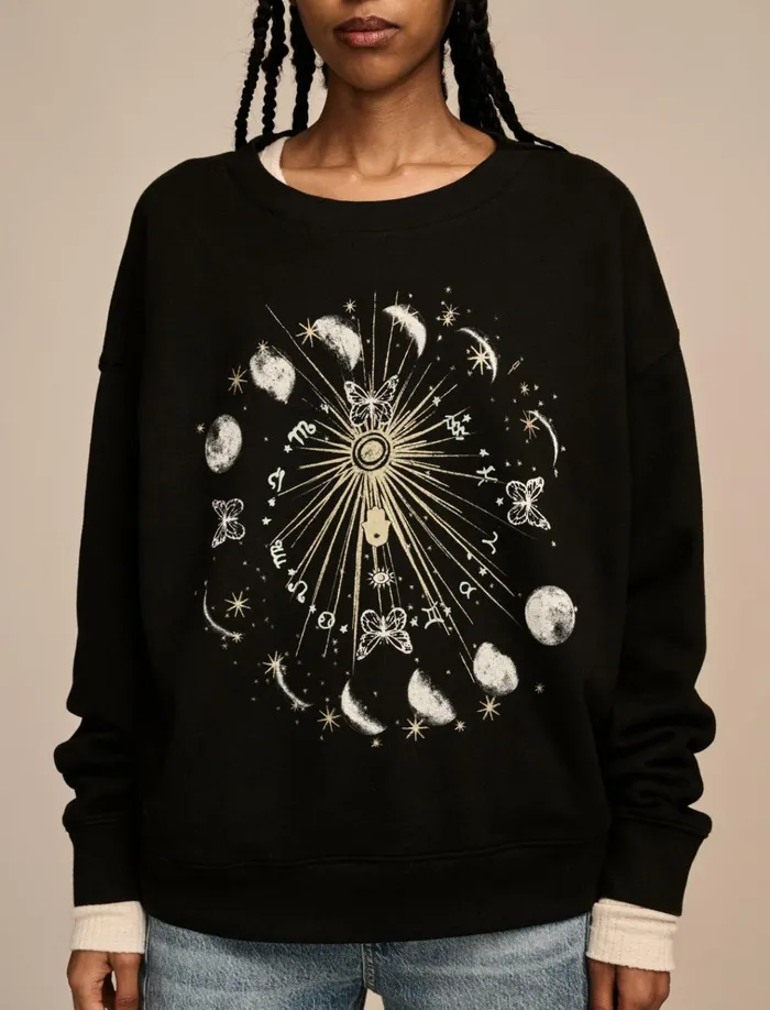 Sun And Moon Crew Neck Fleece Jet Black Women Lucky Brand Sweaters and Sweatshirts
