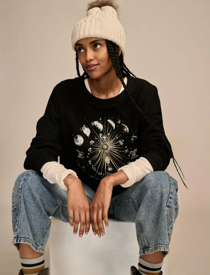 Sun And Moon Crew Neck Fleece Jet Black Women Lucky Brand Sweaters and Sweatshirts
