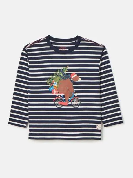 Tops and TShirts Boys Joules Navy and White Stripe Festive Bear Artwork Top