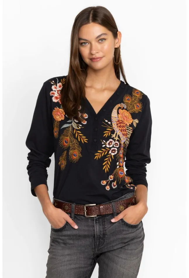 Women Ananke Button Neck Long Sleeve Tee Black Johnny Was Tops