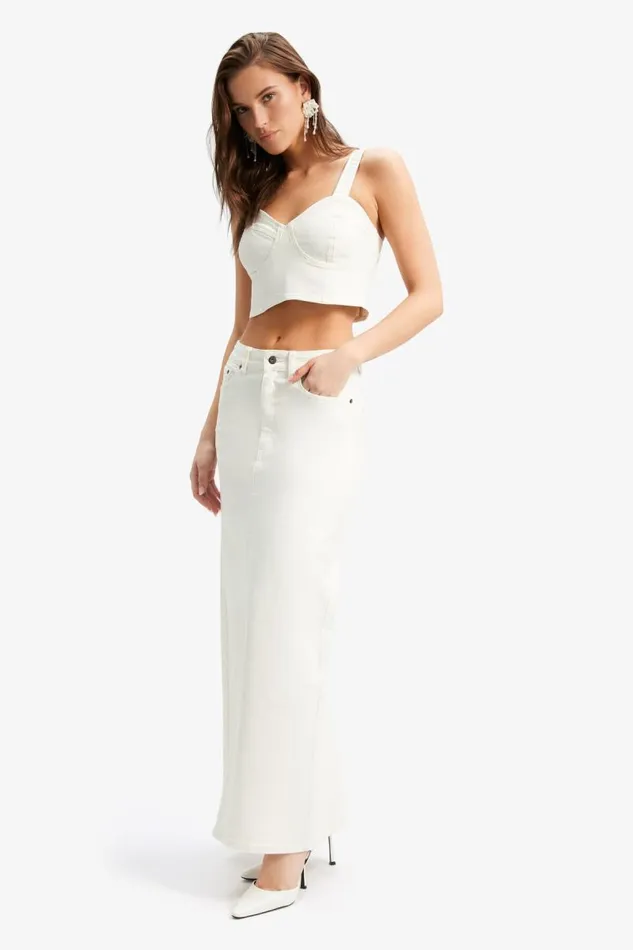 Women Bardot Corsets Evianna Denim Bustier In Off White Women Bardot Corsets Evianna Denim Bustier In Off White