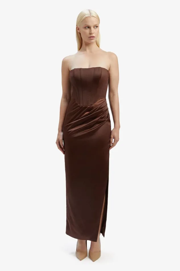 Women Bardot Party Dresses Everlasting Satin Midi Dress In Chocolate Women Bardot Party Dresses Everlasting Satin Midi Dress In Chocolate