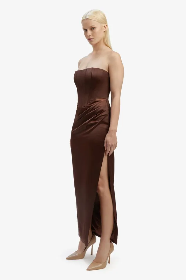 Women Bardot Party Dresses Everlasting Satin Midi Dress In Chocolate Women Bardot Party Dresses Everlasting Satin Midi Dress In Chocolate