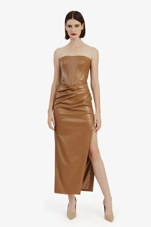 Women Bardot Party Dresses Everlasting Vegan Leather Dres In Camel Women Bardot Party Dresses Everlasting Vegan Leather Dres In Camel