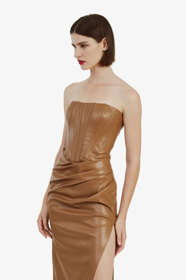 Women Bardot Party Dresses Everlasting Vegan Leather Dres In Camel Women Bardot Party Dresses Everlasting Vegan Leather Dres In Camel