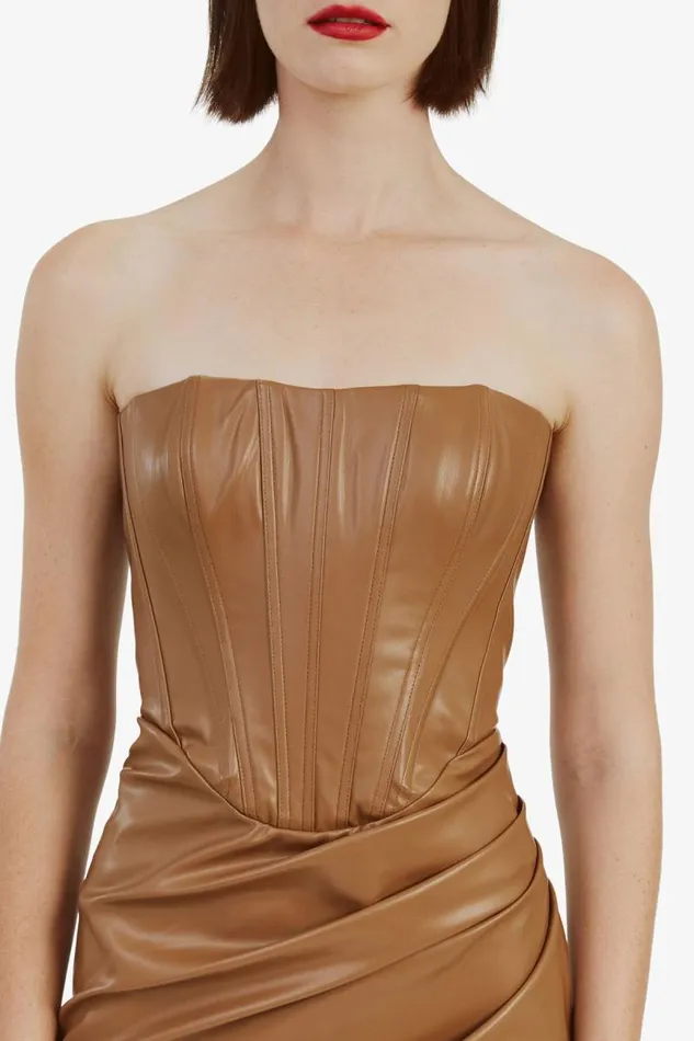 Women Bardot Party Dresses Everlasting Vegan Leather Dres In Camel Women Bardot Party Dresses Everlasting Vegan Leather Dres In Camel