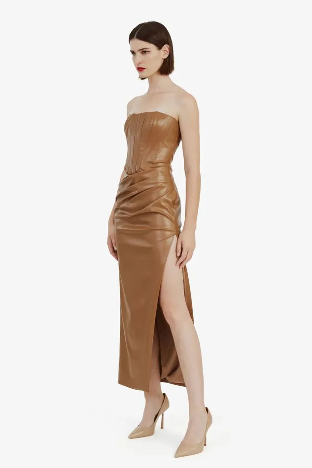 Women Bardot Party Dresses Everlasting Vegan Leather Dres In Camel Women Bardot Party Dresses Everlasting Vegan Leather Dres In Camel