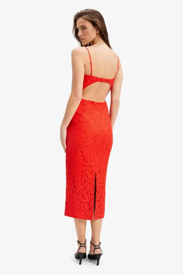 Women Bardot Party Dresses Ivanna Lace Midi Dress In Fire Red Women Bardot Party Dresses Ivanna Lace Midi Dress In Fire Red