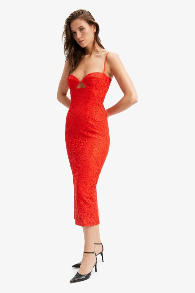 Women Bardot Party Dresses Ivanna Lace Midi Dress In Fire Red Women Bardot Party Dresses Ivanna Lace Midi Dress In Fire Red