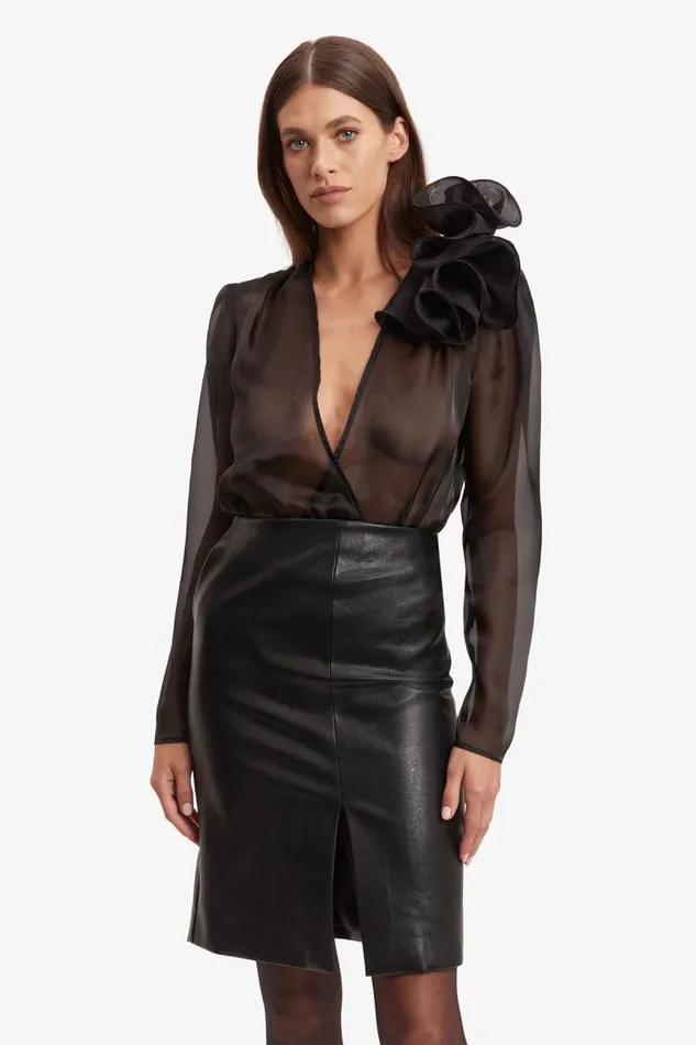 Women Bardot Party Tops Galia Organza Wrap Bodysuit In Black Women Bardot Party Tops Galia Organza Wrap Bodysuit In Black