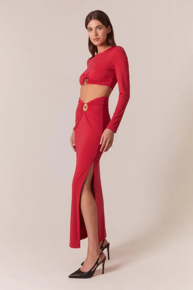 Women Bardot Party Tops Neve Long Sleeve Knit Top In Deep Red