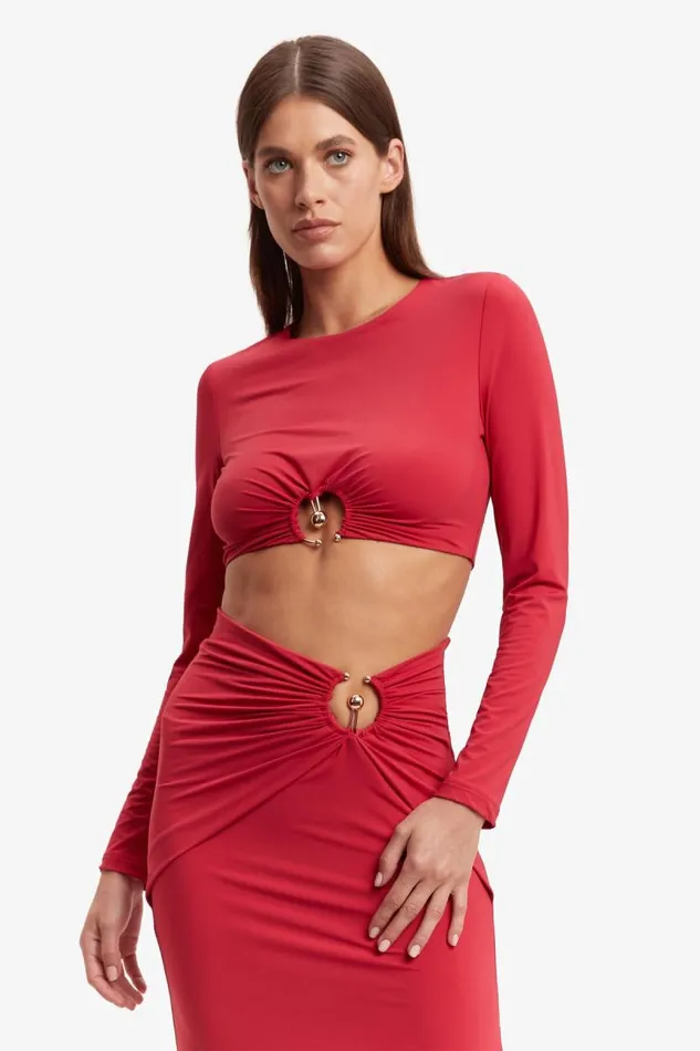 Women Bardot Party Tops Neve Long Sleeve Knit Top In Deep Red Women Bardot Party Tops Neve Long Sleeve Knit Top In Deep Red