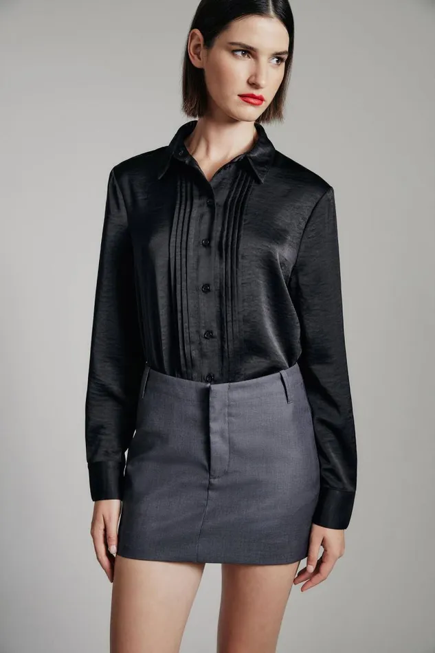 Women Bardot Shirts and Blouses Dinah Pintuck Satin Shirt In Black