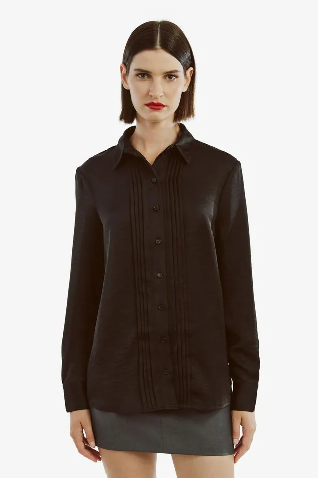 Women Bardot Shirts and Blouses Dinah Pintuck Satin Shirt In Black Women Bardot Shirts and Blouses Dinah Pintuck Satin Shirt In Black