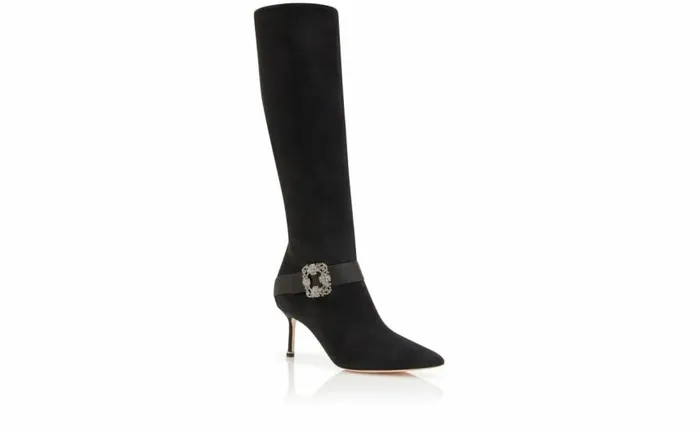 Women Black Suede Jewel Buckle Knee High Boots Manolo Blahnik Boots