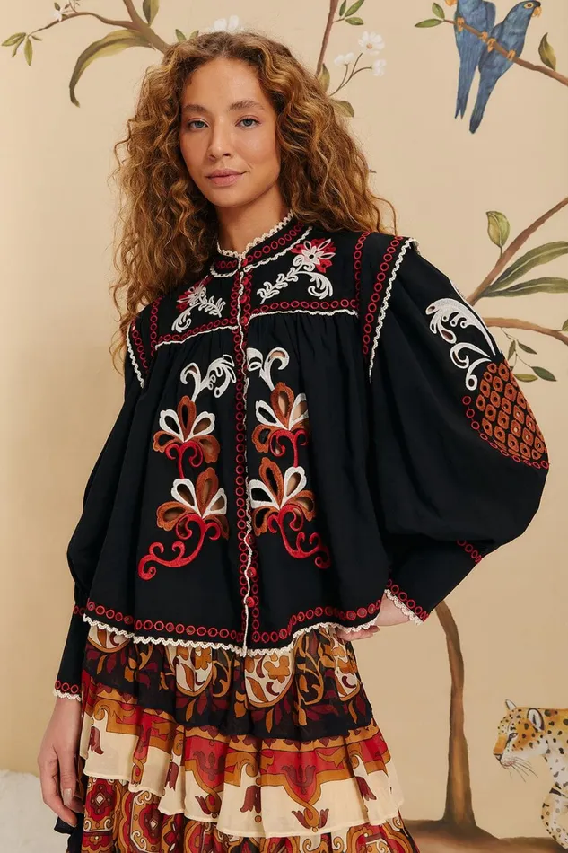 Women Blouses Farm Rio Black Cashew Mandala Richilieu Blouse