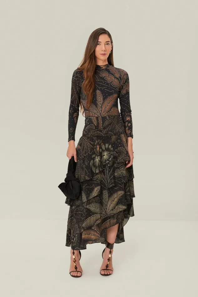 Women Bodysuits Farm Rio Black Golden Foliage Bodysuit