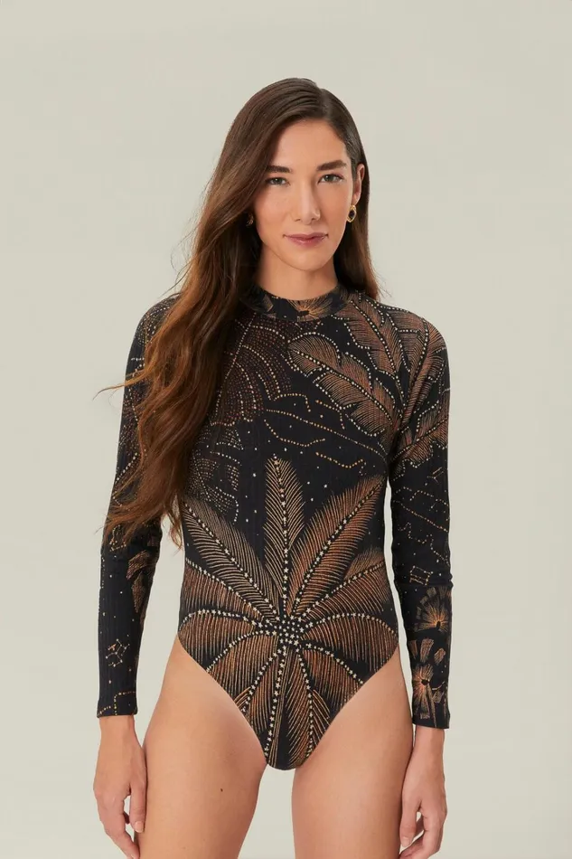 Women Bodysuits Farm Rio Black Golden Foliage Bodysuit Women Bodysuits Farm Rio Black Golden Foliage Bodysuit