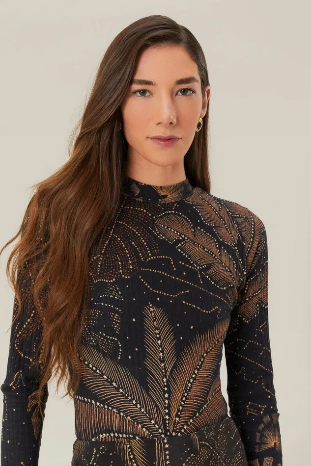 Women Bodysuits Farm Rio Black Golden Foliage Bodysuit Women Bodysuits Farm Rio Black Golden Foliage Bodysuit
