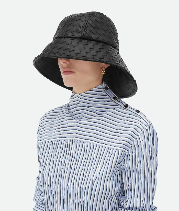 Women Bottega Veneta Hats Intrecciato Leather Hat Black