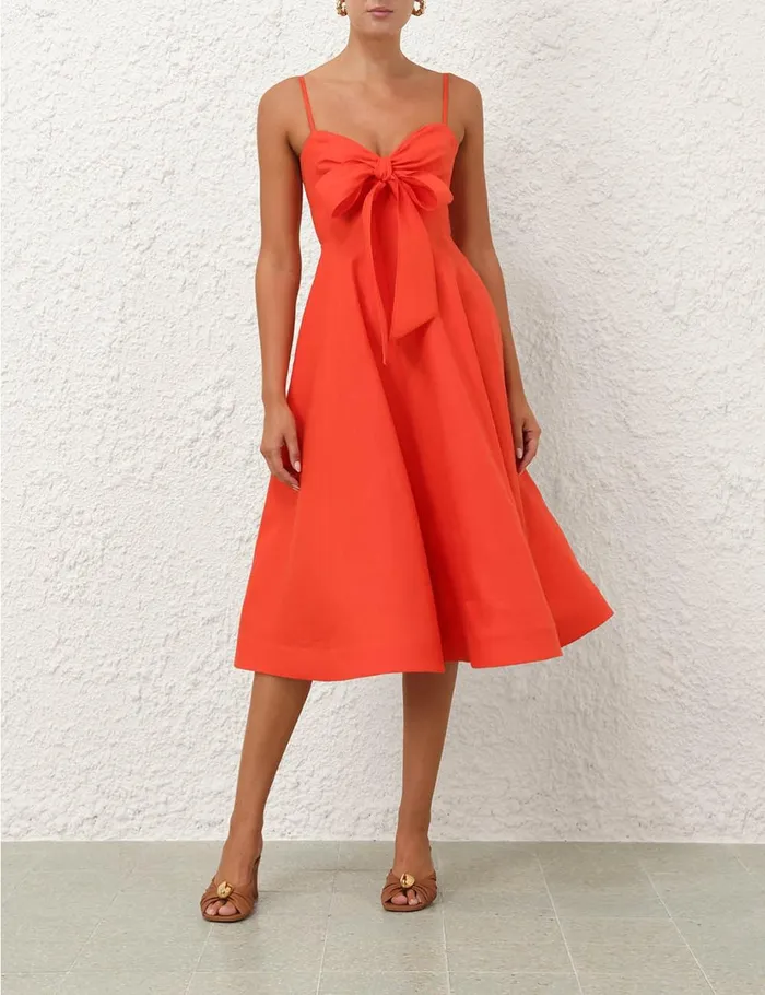 Women Clothing Zimmermann Crush Tie Front Midi Dress Red