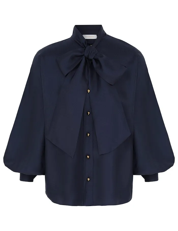 Women Clothing Zimmermann Eden Tie Neck Blouse Marine